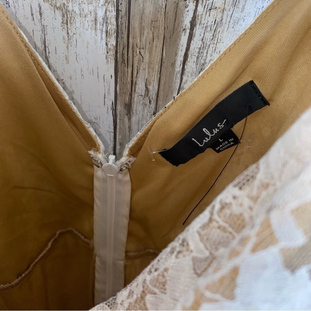 Lulus Frilled To Be Here Lace Floral Ruched Mini Dress Ivory Nude L NWOT - Picture 8 of 9